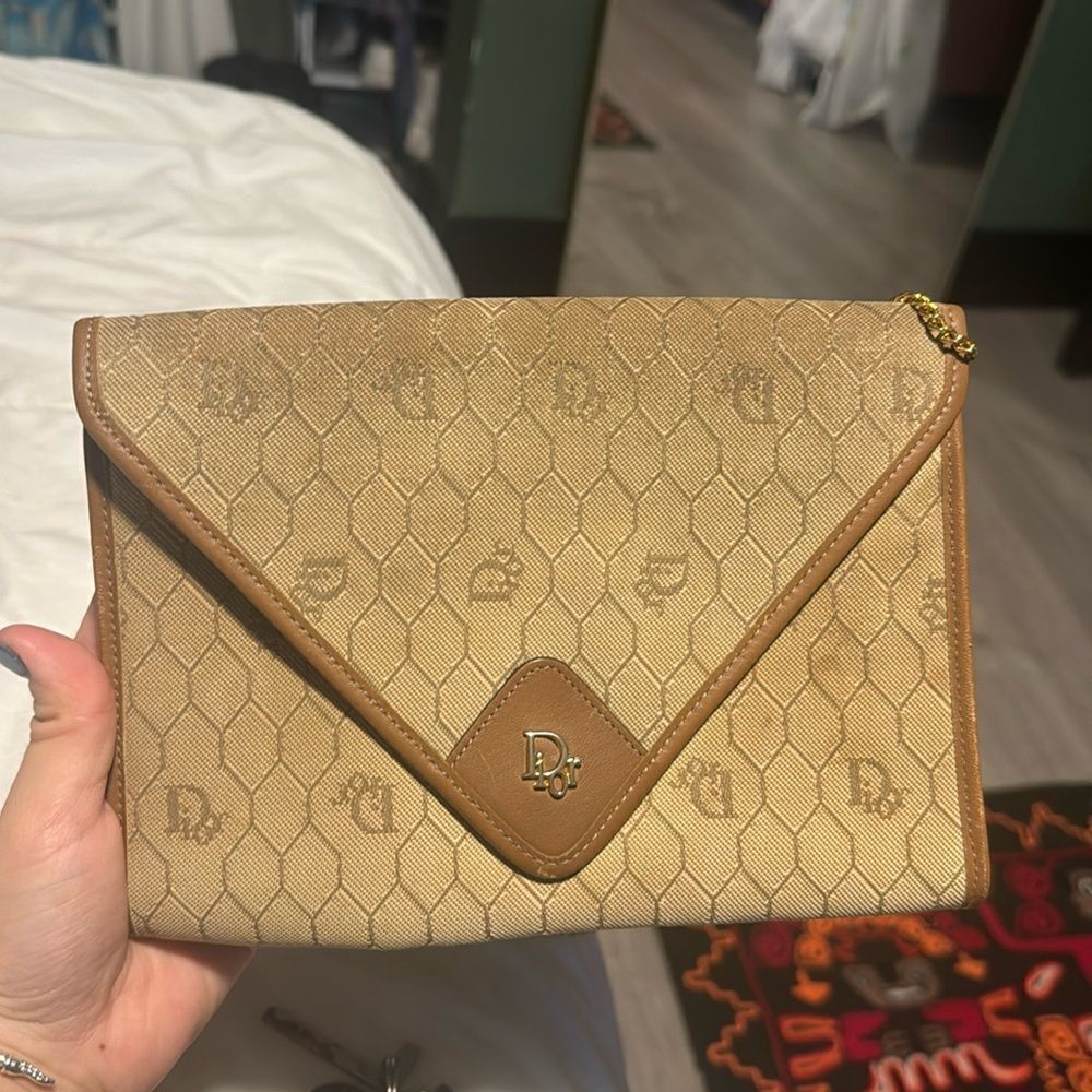 Christian Dior Logo Honeycomb Pattern Chain Crossbody Shoulderbag Beige Vintage